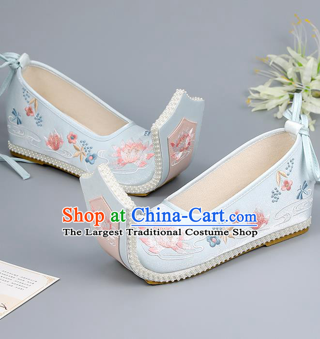 China Princess Shoes Han Dynasty Blue Shoes Traditional Hanfu Shoes Cloth Shoes Embroidered Lotus Shoes