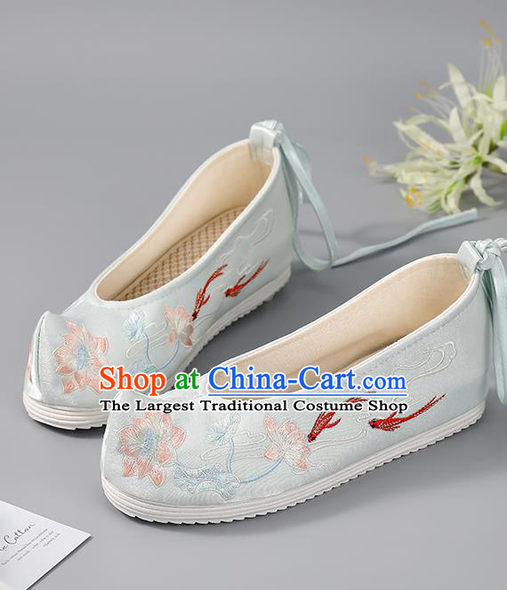 China Women Shoes Traditional Embroidered Lotus Fishes Shoes Hanfu Shoes Handmade Light Blue Cloth Shoes