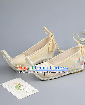 China Traditional Hanfu Shoes Ancient Princess Shoes Ming Dynasty Shoes Light Yellow Embroidered Shoes