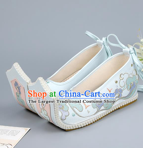 China Ming Dynasty Court Shoes Embroidered Cloud Shoes Traditional Hanfu Shoes Light Blue Shoes