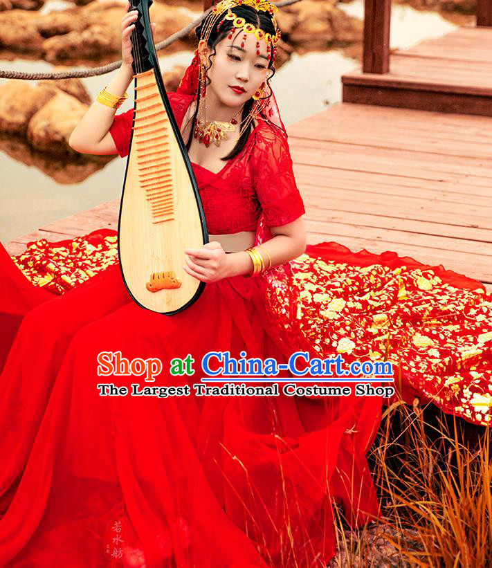 Chinese Cosplay Court Lady Costumes Ancient Princess Classical Dance Red Hanfu Dress and Headwear