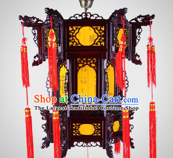 Chinese Classical Wood Lanterns New Year Yellow Lantern Traditional Hanging Lamp Handmade Hexagon Palace Lantern