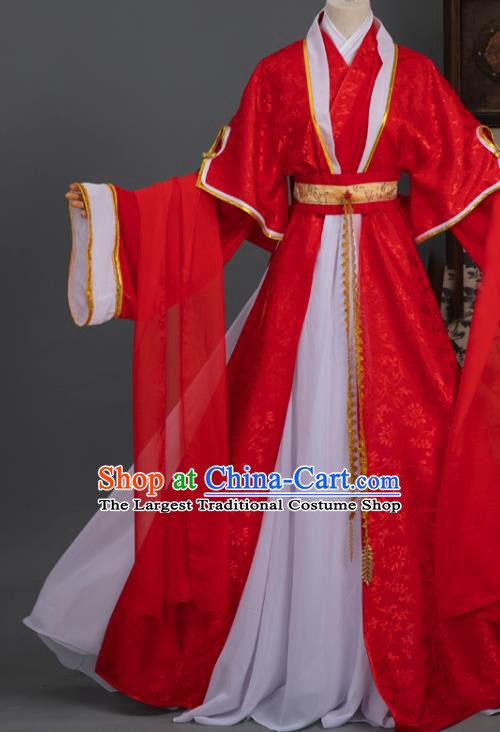 Chinese Cosplay Bride Wedding Costumes Ancient Ming Dynasty Swordswoman Red Hanfu Apparels Complete Set