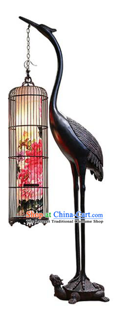 China Handmade Painting Peony Birdcage Lantern Traditional Home Decorations Iron Art Crane Floor Lamp