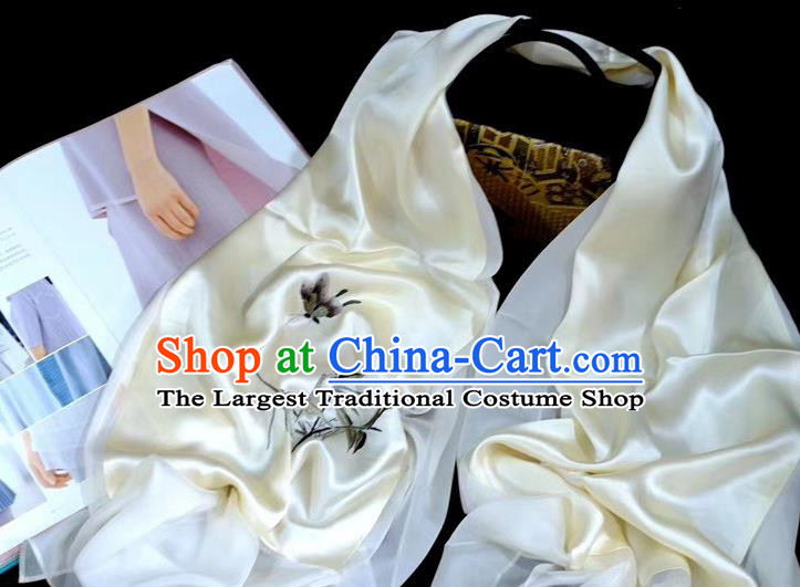 Traditional China Suzhou Embroidery Orchid Craft Mother Cappa Beige Silk Scarf Embroidered Tippet