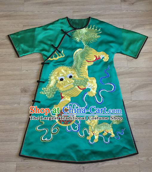 China Embroidered Lion Green Silk Qipao Dress Tang Suit Cheongsam Women National Clothing