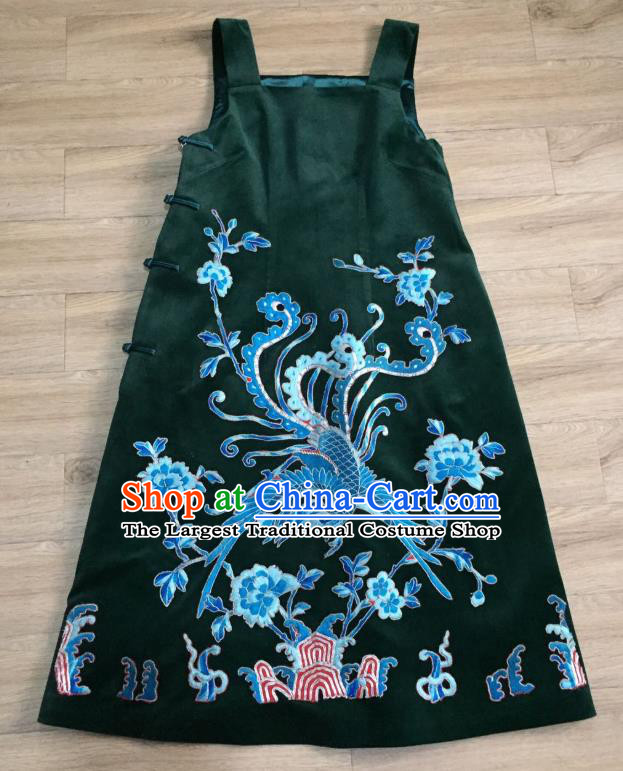 China Embroidered Phoenix Deep Green Silk Qipao Dress Women National Clothing Tang Suit Vest Suspenders Cheongsam