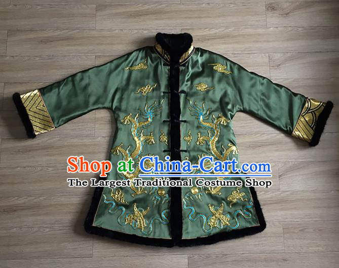 Chinese Embroidered Dragon Green Silk Jacket Tang Suit Upper Outer Garment Apparels National Winter Cotton Padded Costume