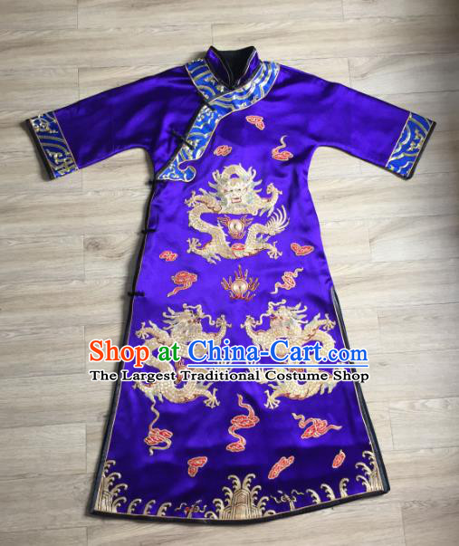 China Embroidered Dragons Royalblue Silk Qipao Dress Women National Clothing Tang Suit Cheongsam Clothing