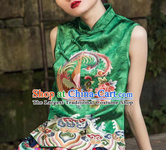 China Tang Suit Embroidery Phoenix Peony Blouse National Clothing Green Brocade Shirt for Women