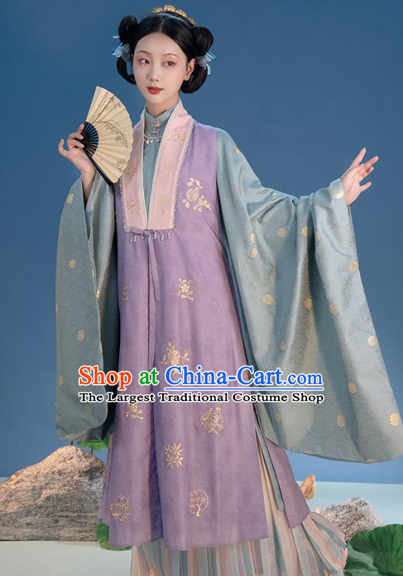 Ancient Hanfu Clothing China Ming Dynasty Court Princess Costumes Embroidered Purple Vest Long Gown and Skirt Complete Set