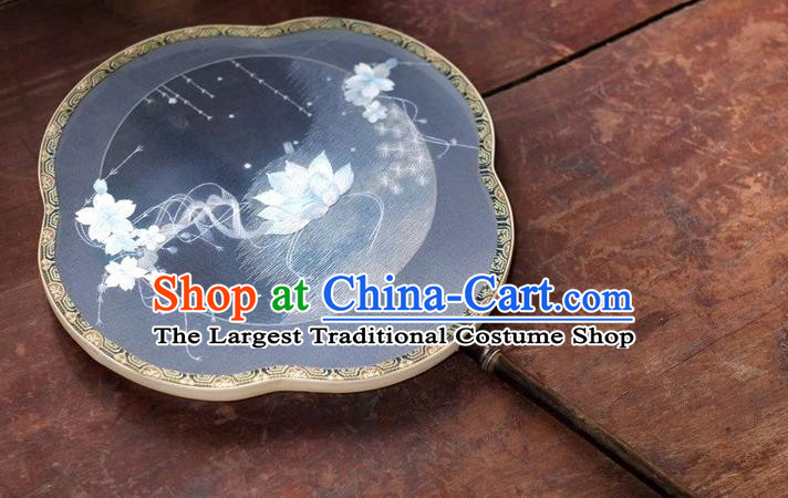 China Suzhou Embroidery Lotus Double Side Fan Classical Dance Silk Fans Ancient Black Bamboo Fan Palace Fan