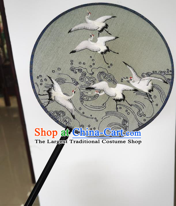 China Classical Dance Double Side Black Silk Fans Wedding Fan Suzhou Embroidery Cranes Fan Ancient Palace Fan