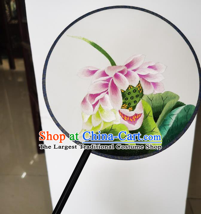 China Suzhou Double Side Fans Ancient Princess Palace Fan Embroidery Lotus Silk Fan Handmade Round Fan