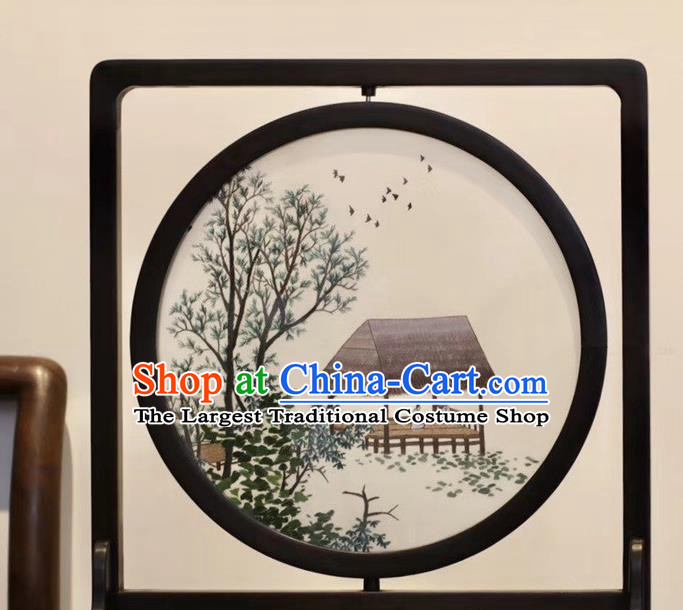 China Traditional Handmade Table Ornament Suzhou Embroidered Village Scene Desk Screen Embroidery Rosewood Craft