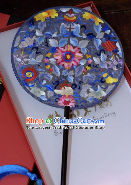 China Blue Silk Fan Ancient Qing Dynasty Court Fans Handmade Embroidery Palace Fan Suzhou Double Side Fans