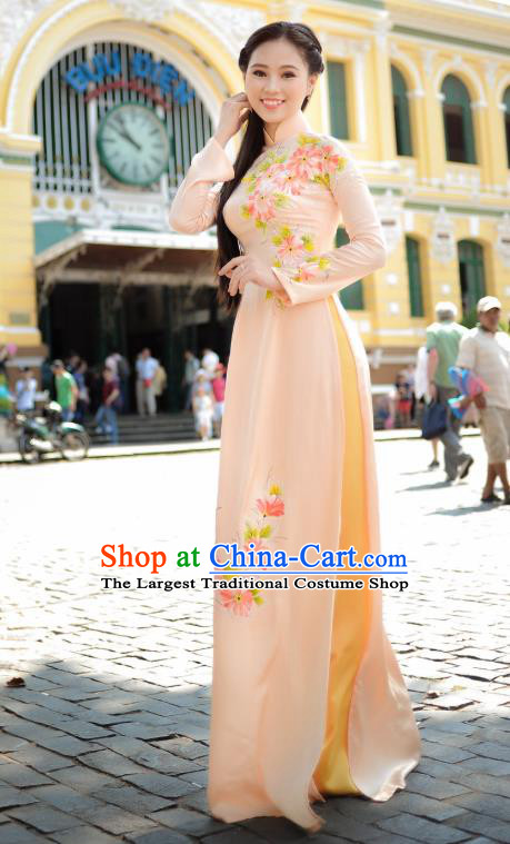 Asian Vietnam Traditional Costumes Vietnamese Classical Aodai Qipao Dress Hand Painting Flowers Beige Cheongsam and Pants for Women