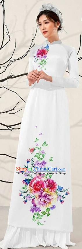 Asian Vietnam White Aodai Qipao Dress Traditional Vietnamese Costumes Classical Printing Flowers Cheongsam and Pants for Women