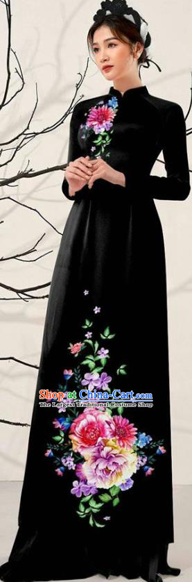 Asian Vietnam Black Ao Dai Qipao Dress Traditional Vietnamese Costumes Classical Printing Flowers Cheongsam and Pants for Women