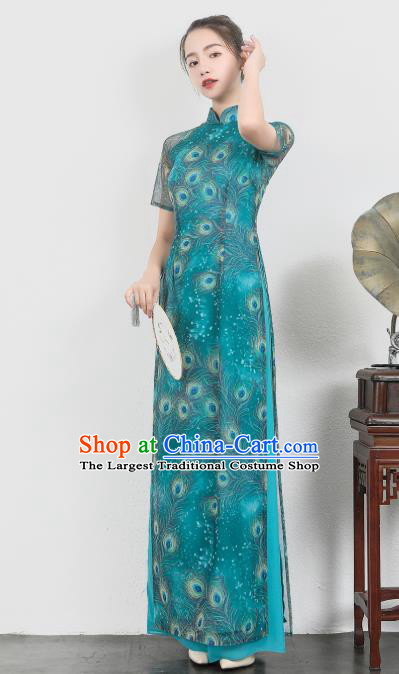 Asian Vietnam Classical Peacock Pattern Ao Dai Qipao Traditional Vietnamese Cheongsam Costumes Blue Dress and Loose Pants for Women