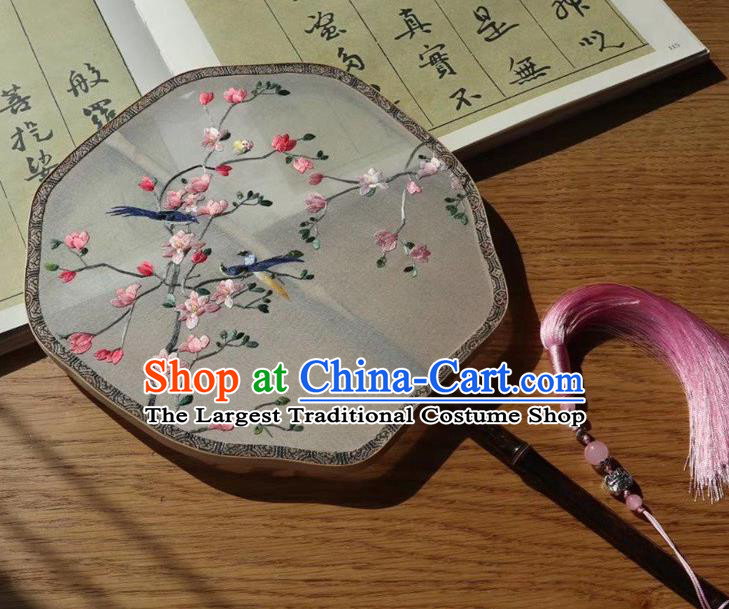 China Handmade Embroidery Flowers Birds Double Side Silk Fan Traditional Embroidered Palace Fan