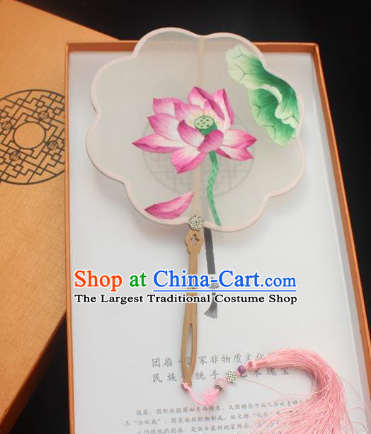 China Traditional Embroidered Silk Fan Handmade Double Side Fan Classical Embroidery Lotus Pattern Palace Fan