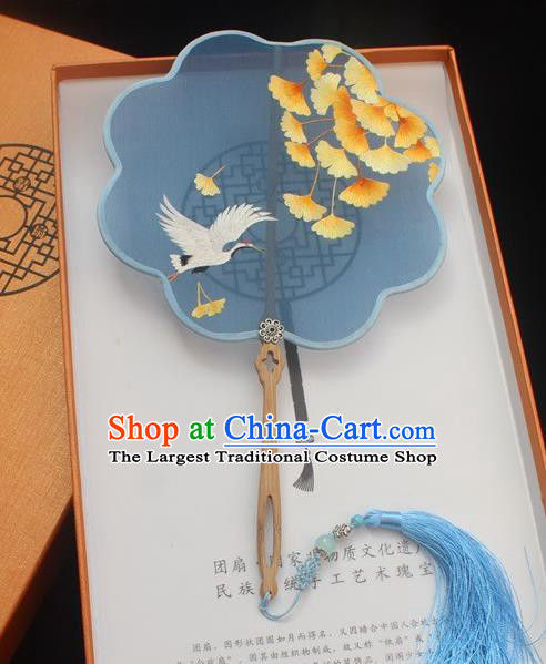 China Traditional Blue Silk Fan Classical Embroidery Ginkgo Crane Pattern Palace Fan Handmade Double Side Embroidered Fan