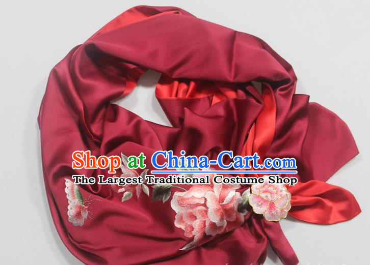 Top Grade Wine Red Silk Tippet with Brooch Chinese Traditional Cheongsam Accessories Embroidered Scarf