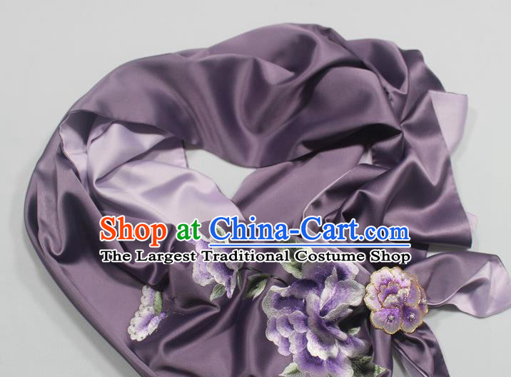 Traditional Embroidered Peony Scarf Chinese Cheongsam Accessories with Brooch Drak Purple Silk Tippet