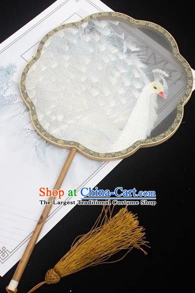 China Double Side Embroidered Fan Handmade Embroidery White Peacock Fan Classical Silk Palace Fan Traditional Court Fan