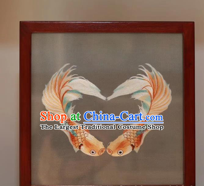 China Handmade Rosewood Table Decoration Traditional Wedding Craft Double Side Embroidery Goldfish Desk Screen