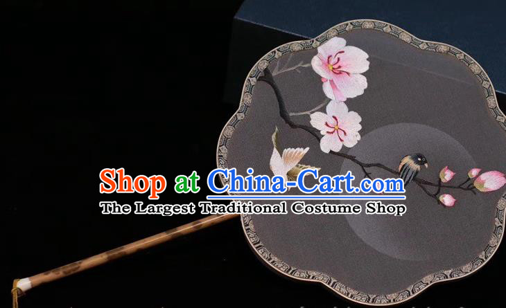 China Traditional Handmade Embroidered Palace Fan Grey Silk Fan Classical Dance Embroidery Peach Blossom Fan