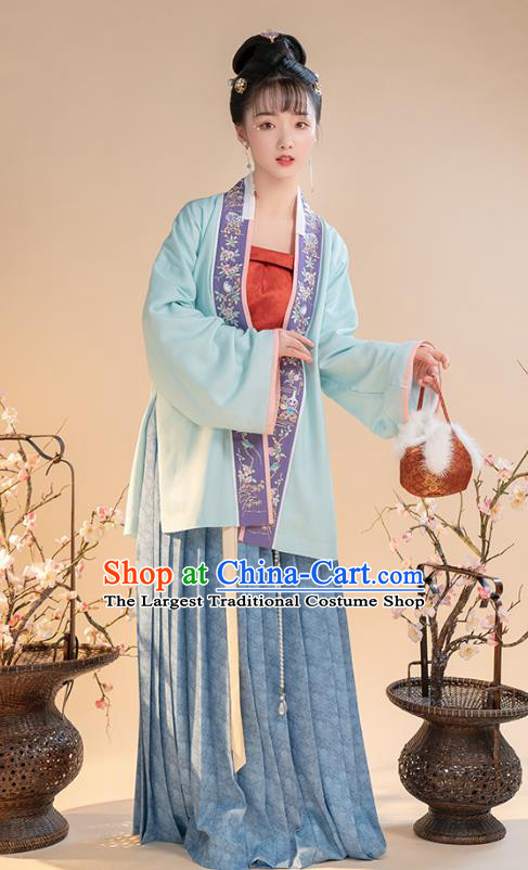 China Ancient Song Dynasty Nobility Female Hanfu Clothing Embroidered Blue Blouse Top and Skirt for Women