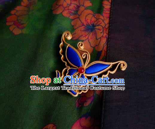 China Cheongsam Breastpin Handmade Traditional Accessories Blue Silk Butterfly Brooch