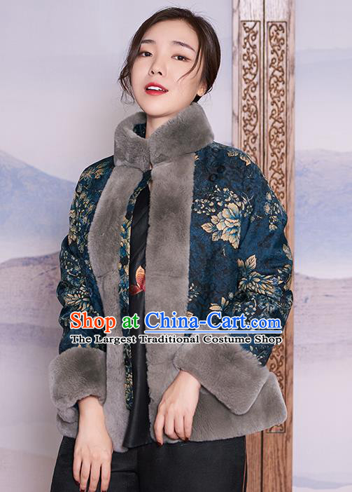 Chinese Navy Jacket Women Winter Outer Garment Watered Gauze Coat Traditional National Clothing