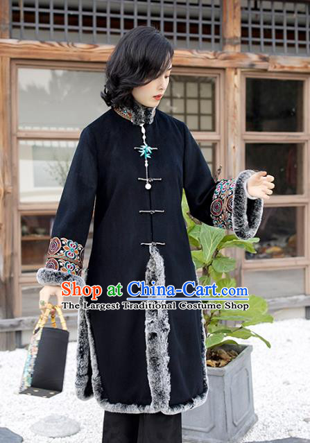 Chinese Black Woolen Dust Coat Women Embroidered Coat Traditional National Clothing Winter Outer Garment