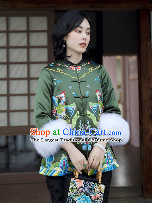 Chinese Women Green Satin Jacket Winter Outer Garment Traditional National Clothing Embroidered Phoenix Cotton Wadded Coat