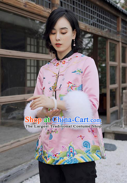 Chinese Traditional Women Pink Satin Jacket Embroidered Phoenix Cotton Wadded Coat Winter Outer Garment National Clothing