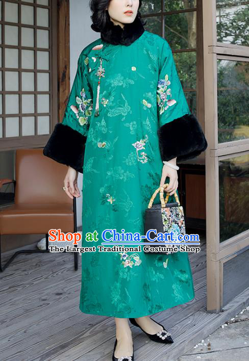 Traditional China Embroidered Flowers Green Satin Cheongsam Classical Qipao Dress National Winter Clothing for Women