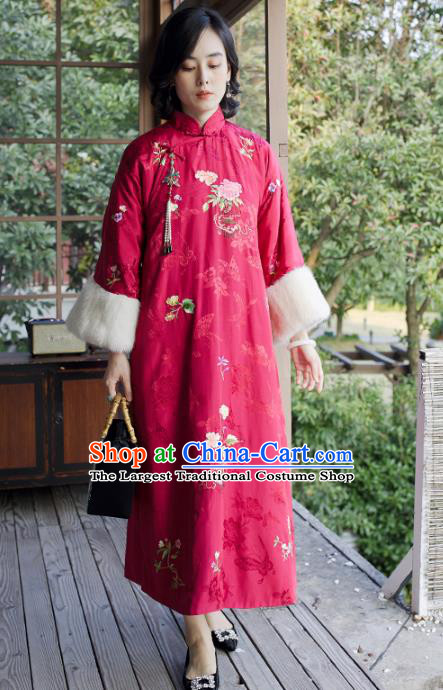 Traditional China Classical Qipao Dress National Winter Clothing Embroidered Flowers Rosy Satin Cheongsam for Women