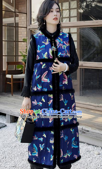 Traditional China Classical Royalblue Qipao Dress National Winter Clothing Embroidered Butterfly Cheongsam Long Vest for Women