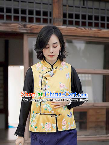 Traditional China Embroidered Butterfly Peony Yellow Satin Waistcoat Classical Cheongsam Vest National Clothing for Women