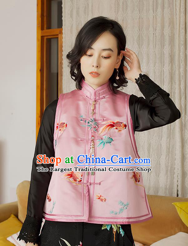 Traditional National Female Clothing China Classical Cheongsam Vest Upper Outer Garment Embroidered Pink Satin Waistcoat