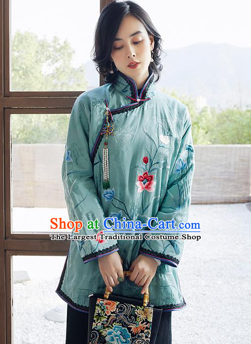 Chinese Traditional Women Blue Cotton Wadded Jacket Embroidered Lotus Coat Winter Outer Garment National Clothing