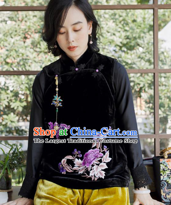 Traditional China Embroidered Peony Black Velvet Waistcoat National Female Clothing Classical Cheongsam Vest