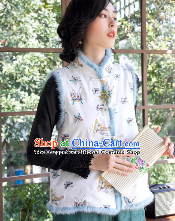 Traditional China Embroidered Butterfly Waistcoat National Female Clothing Classical Cheongsam White Cotton Padded Vest