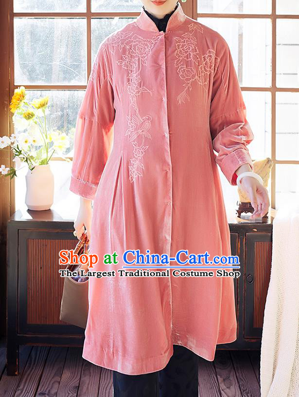 Chinese Women Embroidered Pink Velvet Coat Outer Garment Traditional Clothing