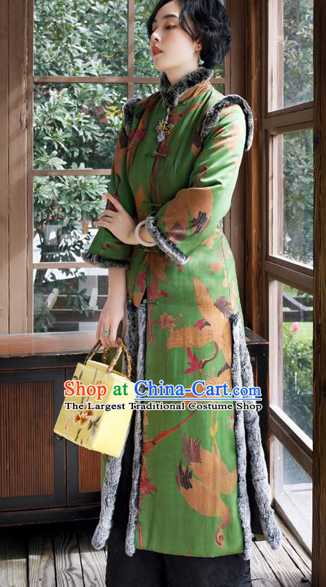 Chinese Winter Outer Garment Women Embroidered Green Watered Gauze Long Coat Traditional National Clothing