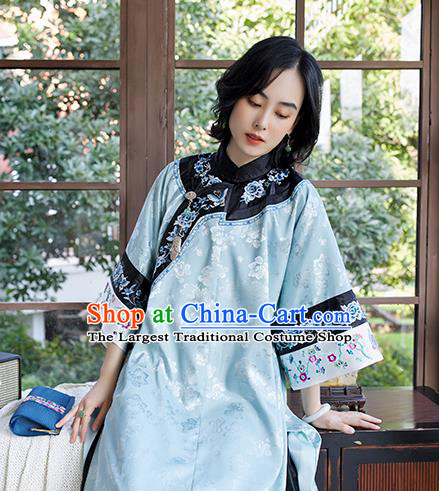 Traditional Qing Dynasty Embroidered Cheongsam Republic of China National Clothing Light Blue Silk Qipao Dress for Women