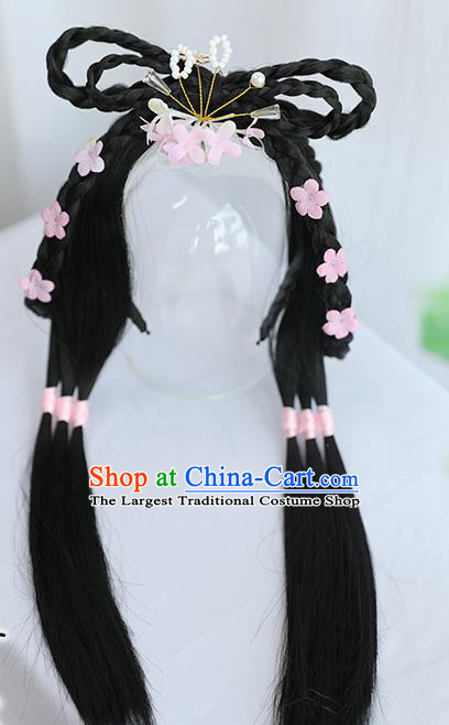 Chinese Song Dynasty Village Girl Hairpiece Quality Wig Sheath China Ancient Cosplay Swordswoman Huang Rong Wigs Hair Clasp